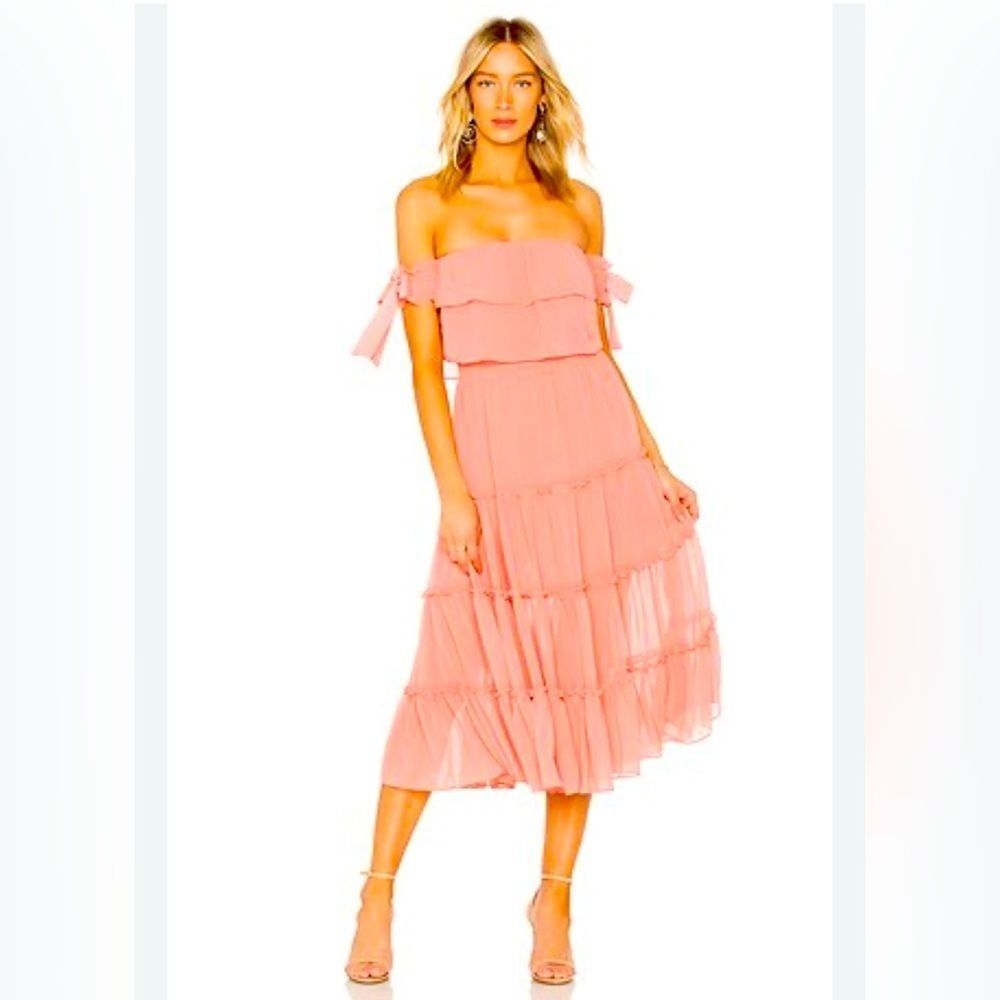MISA Los Angeles Michaela Dress Off-Shoulder Ruffle in Blush size XS